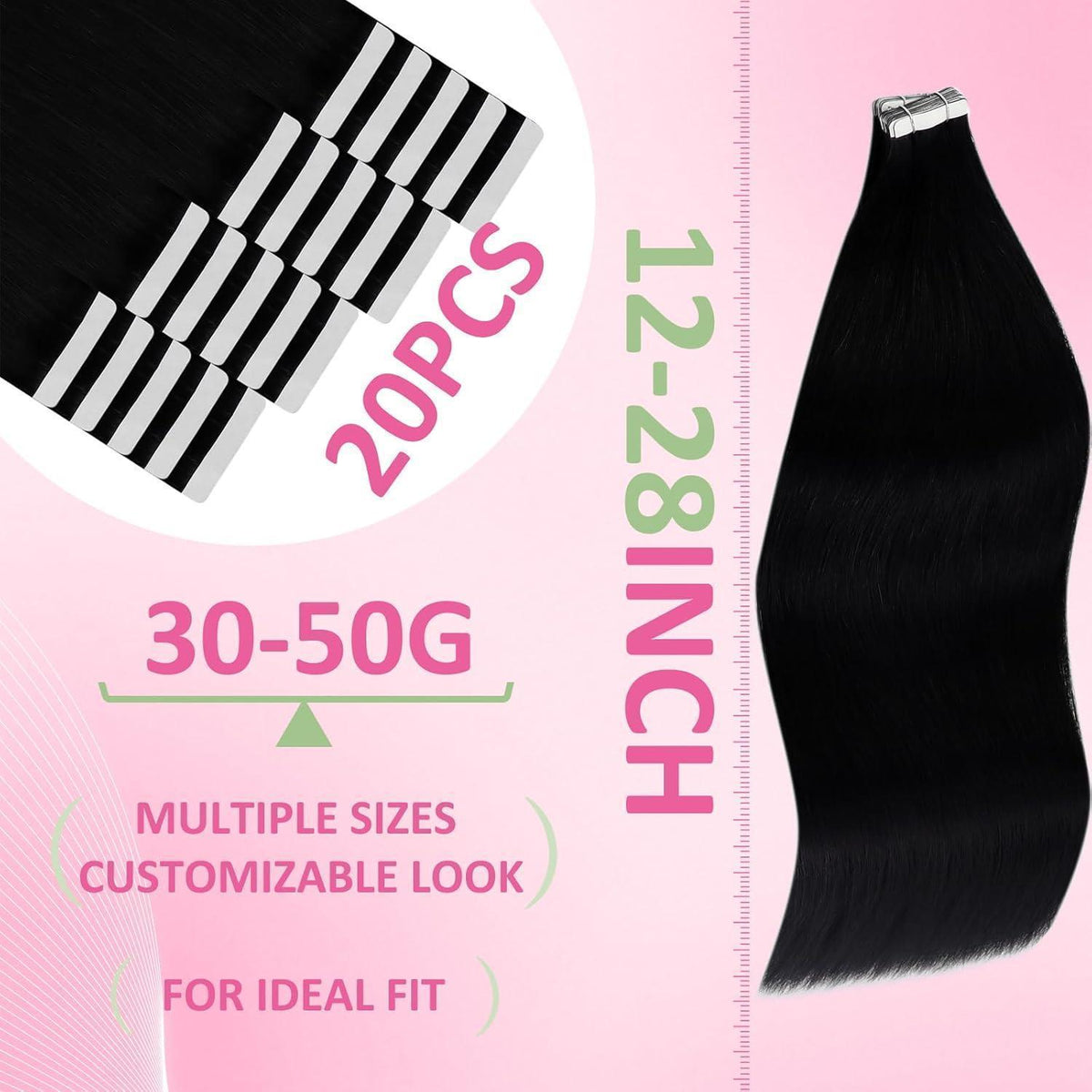 Echthaar Tape-in Extensions Schwarz 60cm - Haarverlängerung