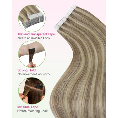 Echthaar Tape Extensions Hellbraun 60 cm – Natürliche Haarverlängerung