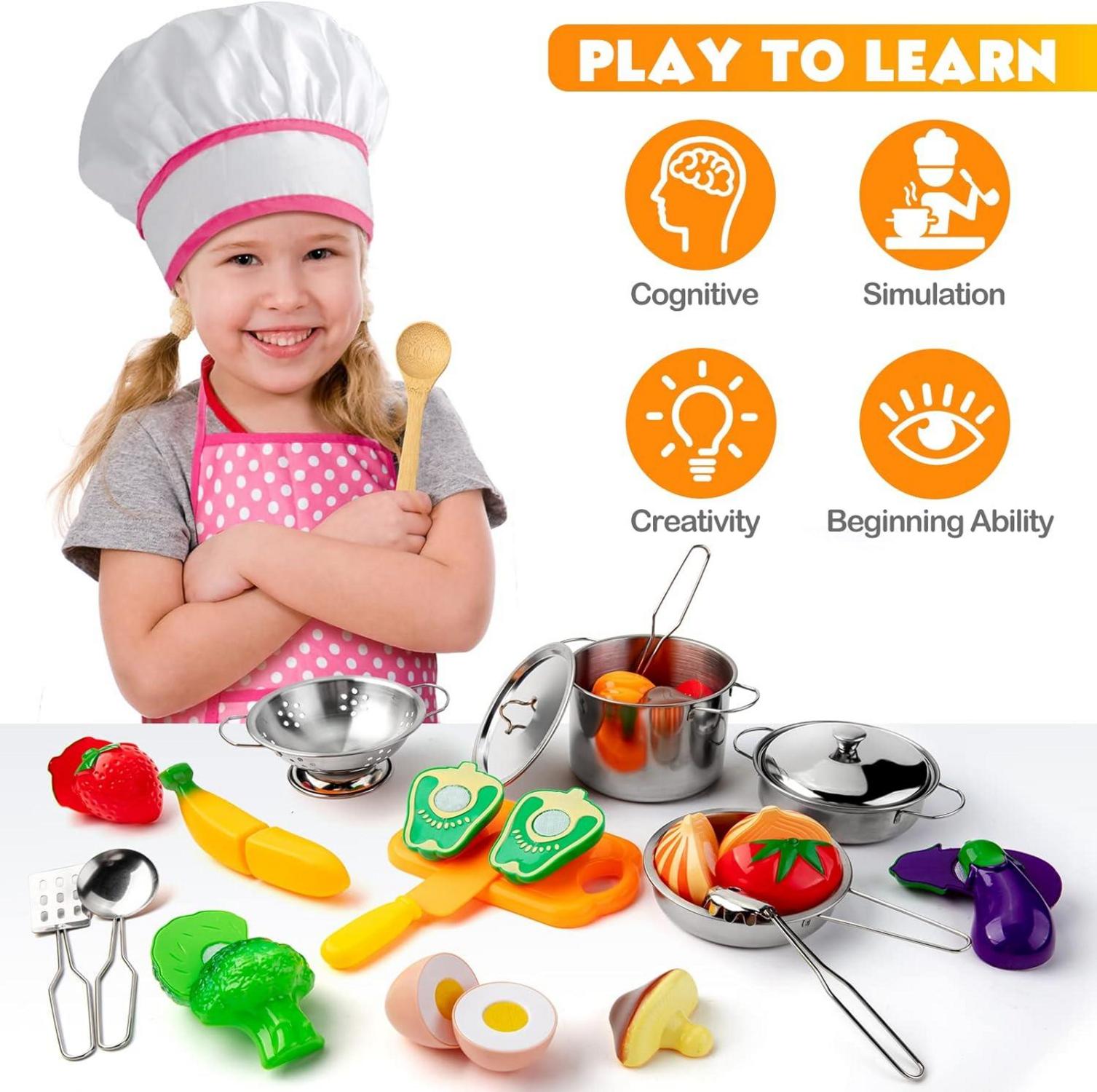 Kinderküchen Zubehör Set Edelstahl, Topfset Lebensmittel