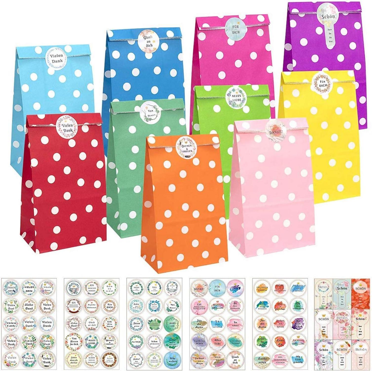 Bunte Geschenktüten mit Aufkleber - Candy Tüten zum Verpacken von