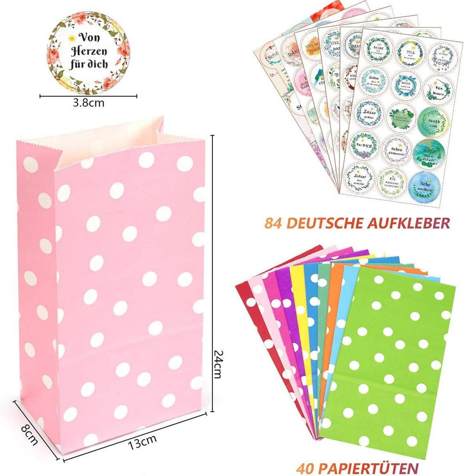 Bunte Geschenktüten mit Aufklebern für Hochzeit und
