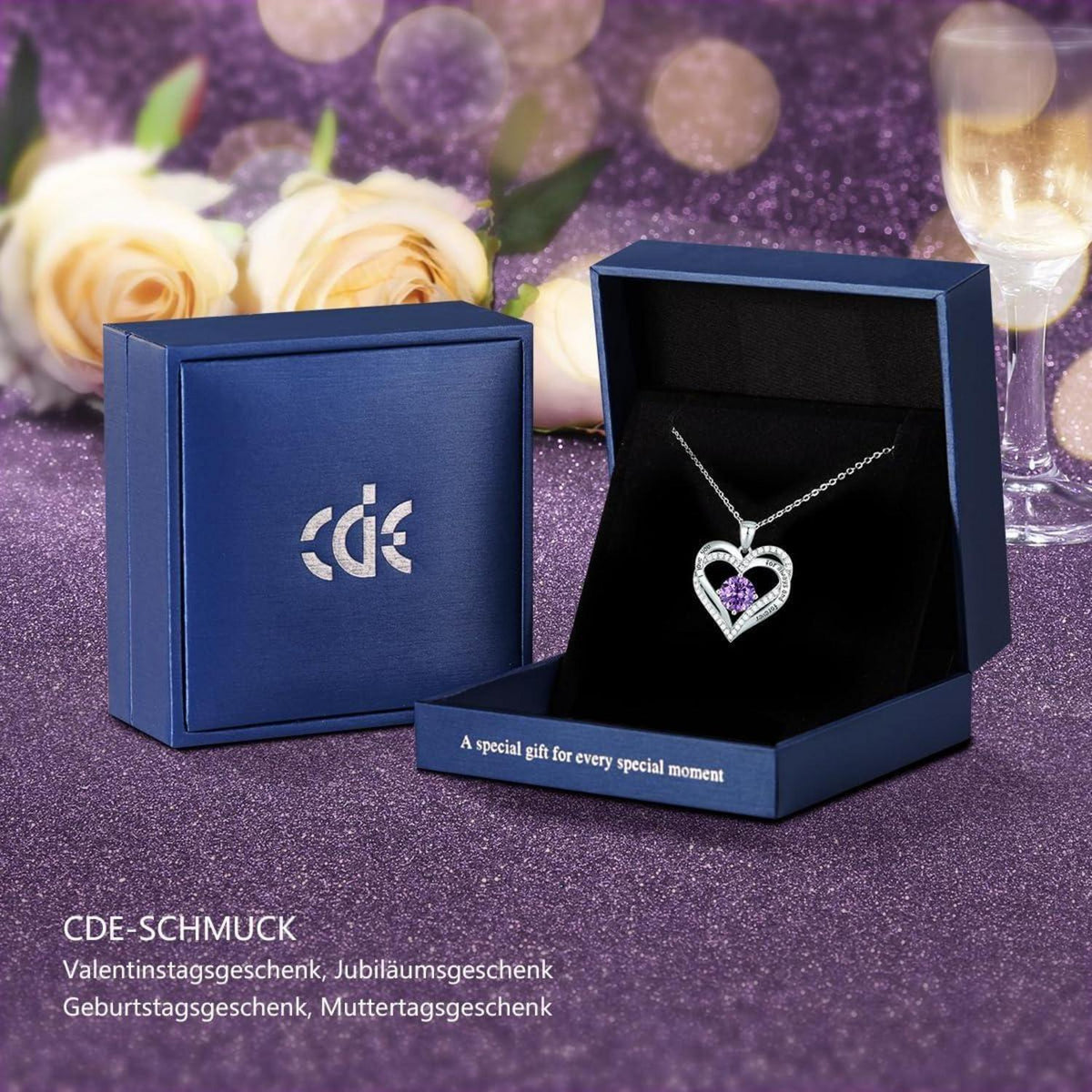 Herz Halskette 925 Sterling Silber Rosegold mit Zirkonia Geburtsstein