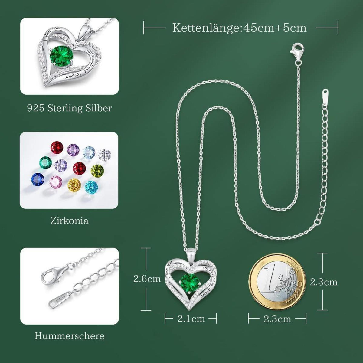 Sterling Silber Herz Halskette mit Geburtsstein und Zirkonia