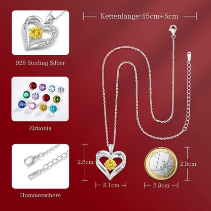 925 Sterling Silber Herz Halskette mit Zirkonia und Geburtsstein