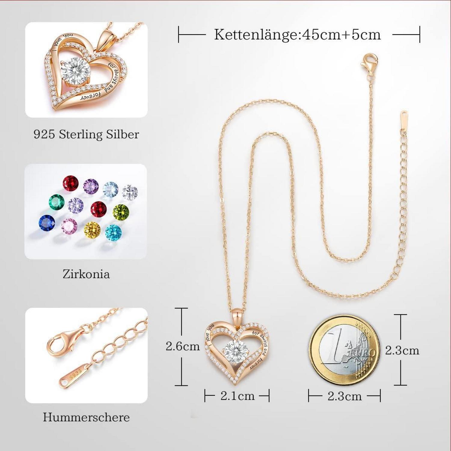 CDE Damen Kette 925 Sterling Silber Geburtsstein Herz Anhänger Halskette Roségold