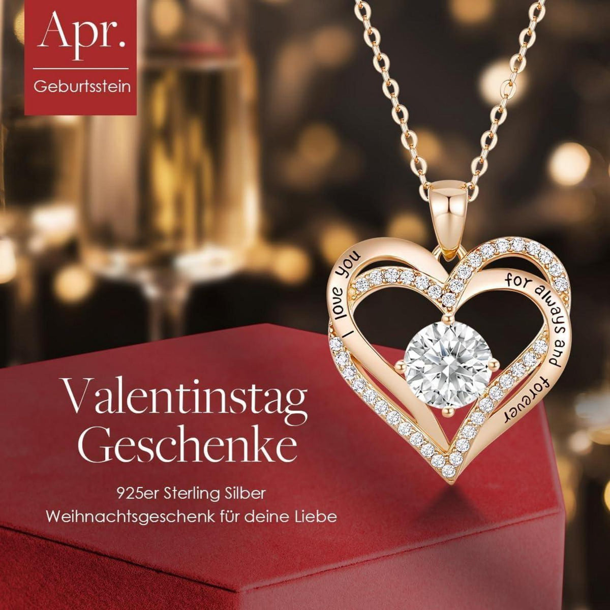 Sterling Silber Halskette mit Herzanhänger und Zirkonia, Roségold