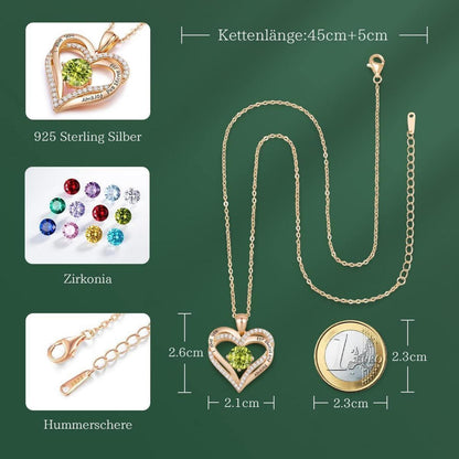 Herz Halskette 925 Sterling Silber Rosegold mit Geburtsstein und Zirkonia