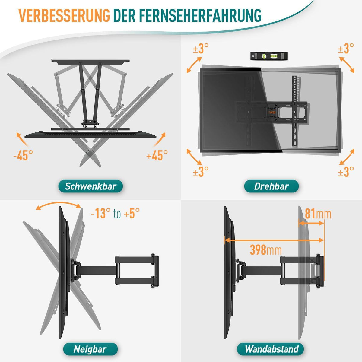 Schwenkbare TV Wandhalterung für 26-65 Zoll Fernseher bis 40kg VESA