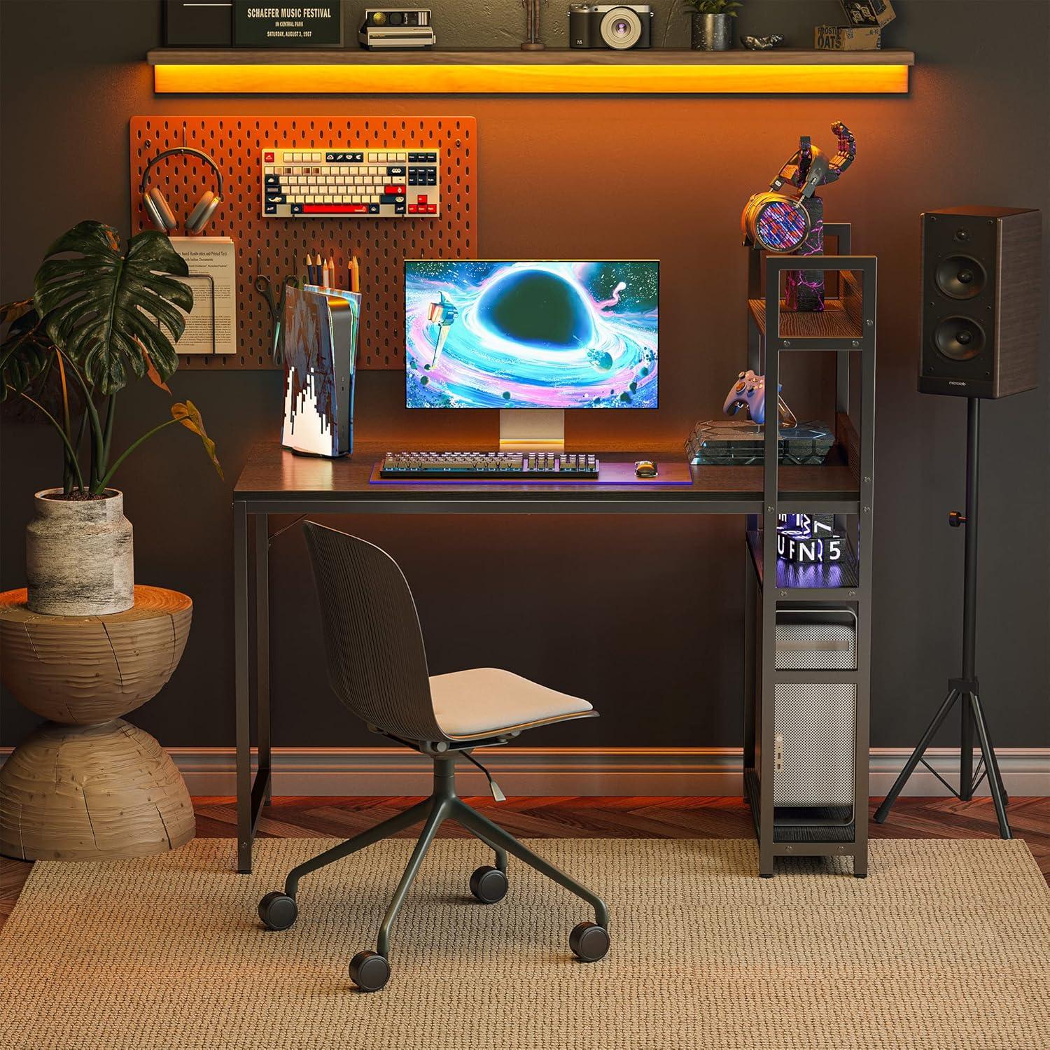 Schreibtisch 120x60cm mit Regal für Büro und Gaming, Stabil Stahlgestell Schwarz