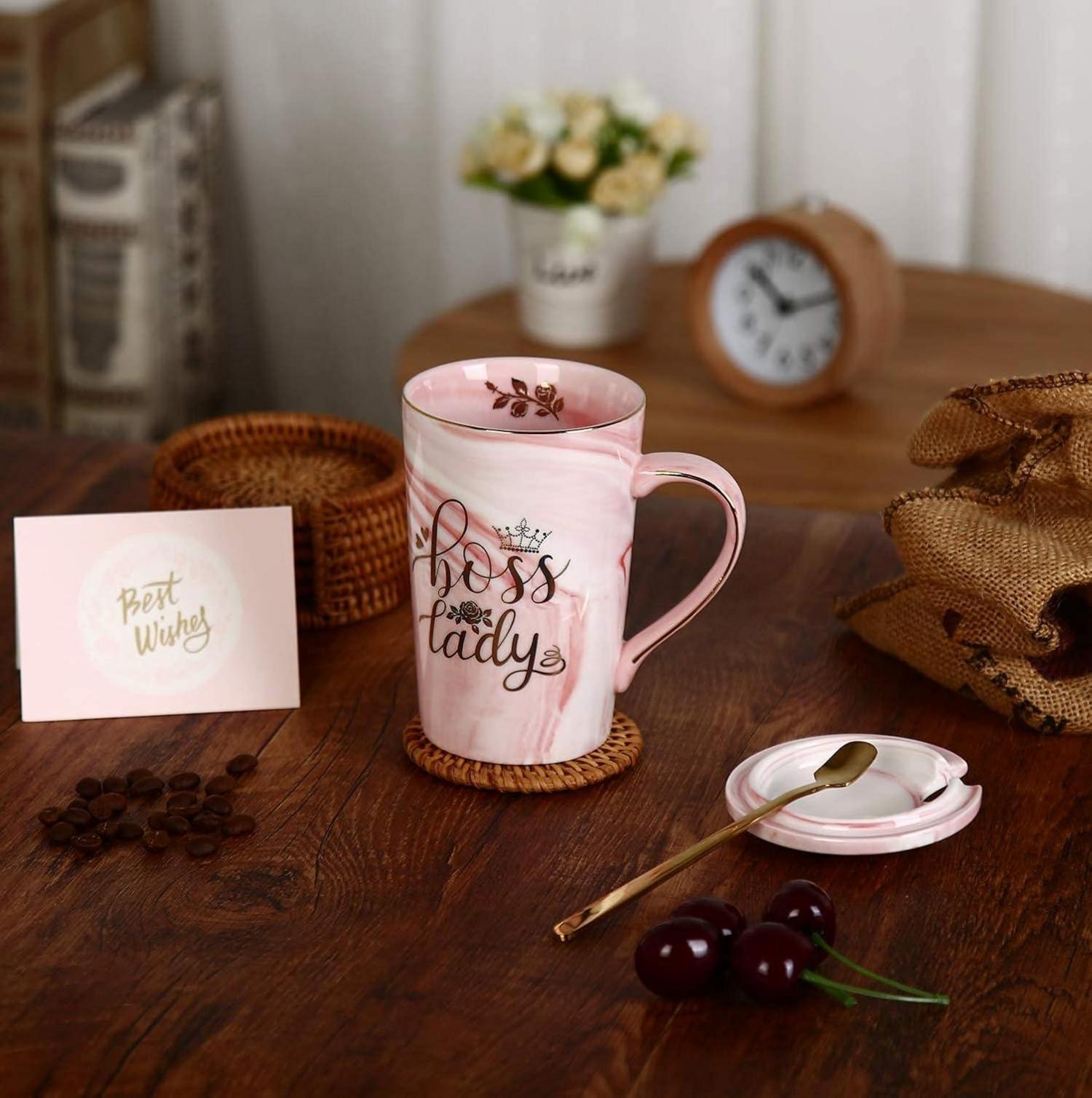 Marmor-Keramik Kaffeebecher 400ml Pink Rosa Geschenkbox Boss Lady