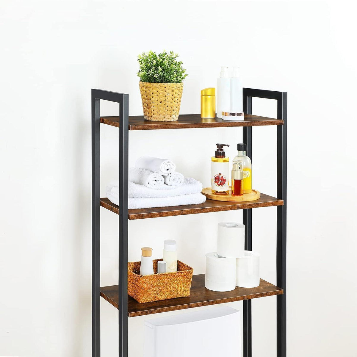 3-stöckiges Toilettenregal, platzsparend, Vintagebraun-Schwarz