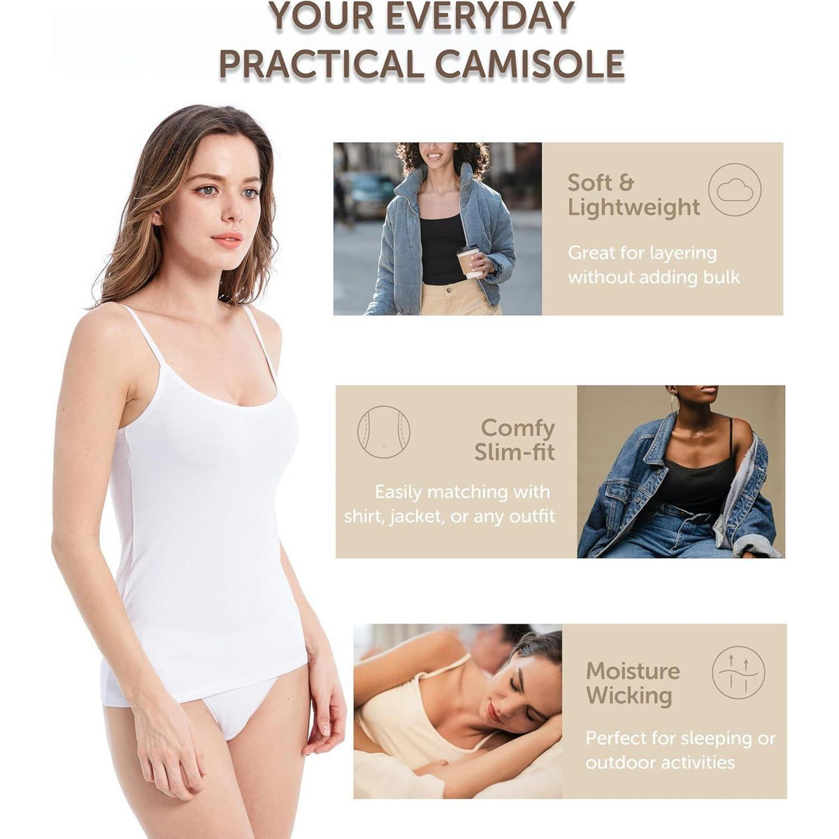 Damen Spaghetti Tops 4er-Pack Slim Fit Baumwolle Weiß M