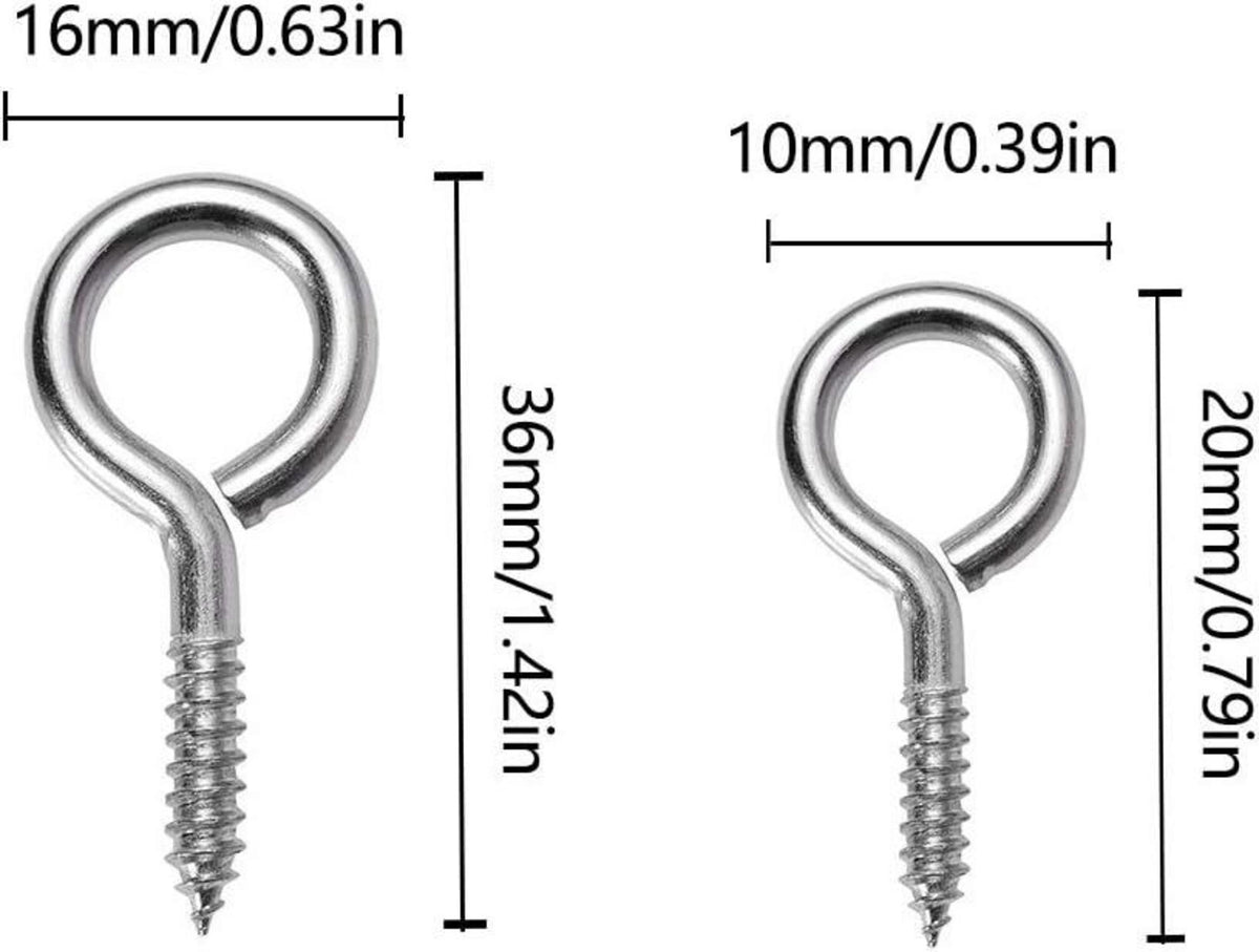 100 Stück kleine Ösenschrauben Augenbolzen Schraubhaken 2 Größen 16x36 mm 10x20