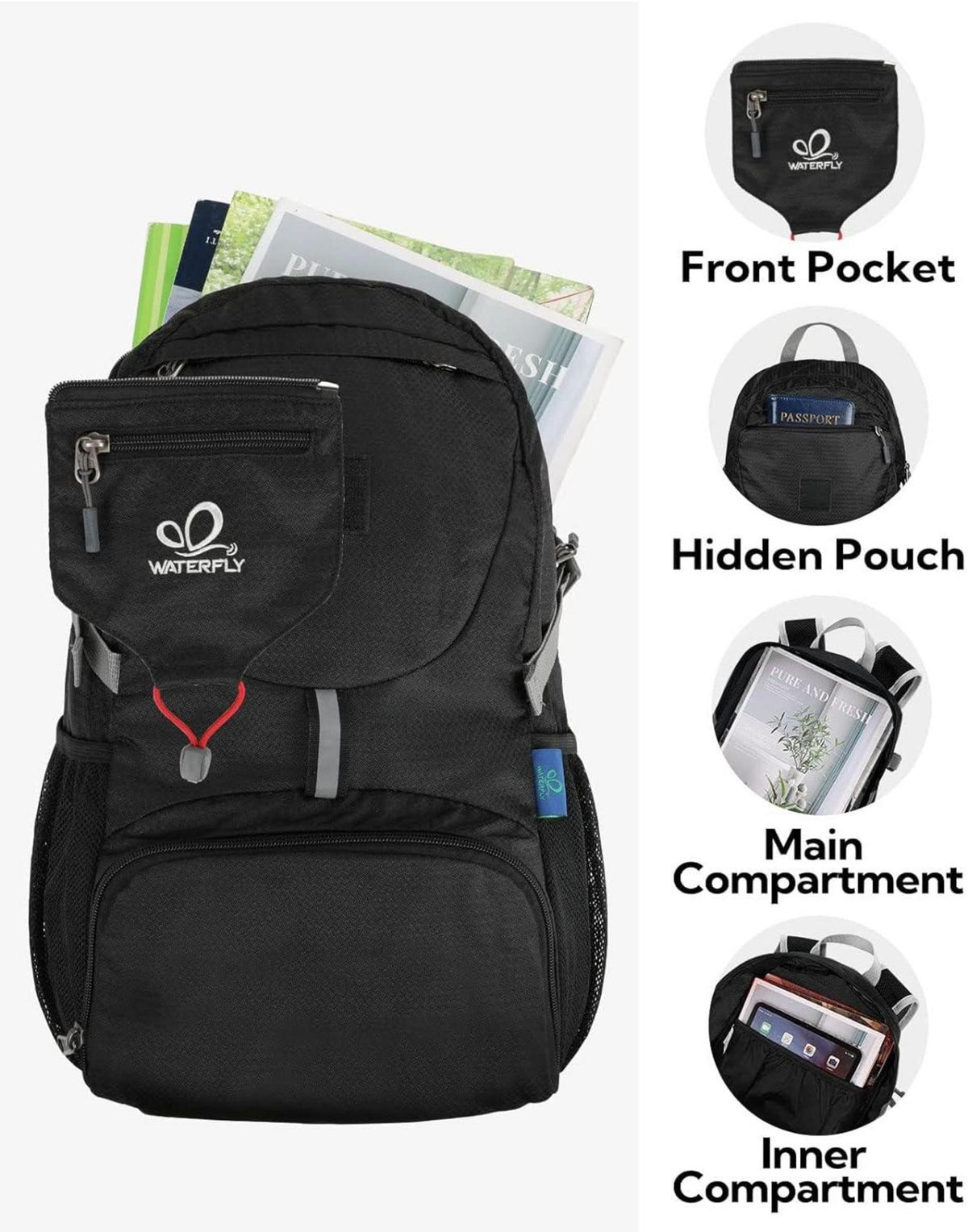 Ultraleichter Faltbarer 20L Rucksack: Outdoor Sport Backpack Schwarz