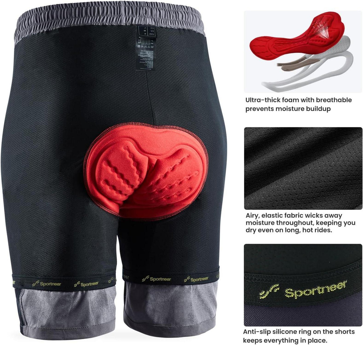 Sportneer MTB-Shorts Herren gepolstert 3D Mountainbike Shorts Grau