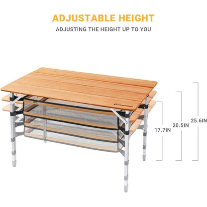 Höhenverstellbarer Bambus Campingtisch 100x65cm mit Netz