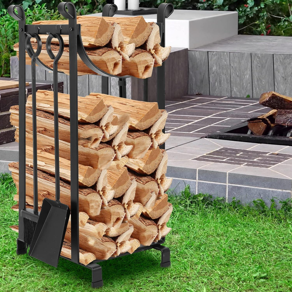 Kaminholzregal 4tlg. Kaminwerkzeug Holzregal Innen Außen 78x29x35.8cm