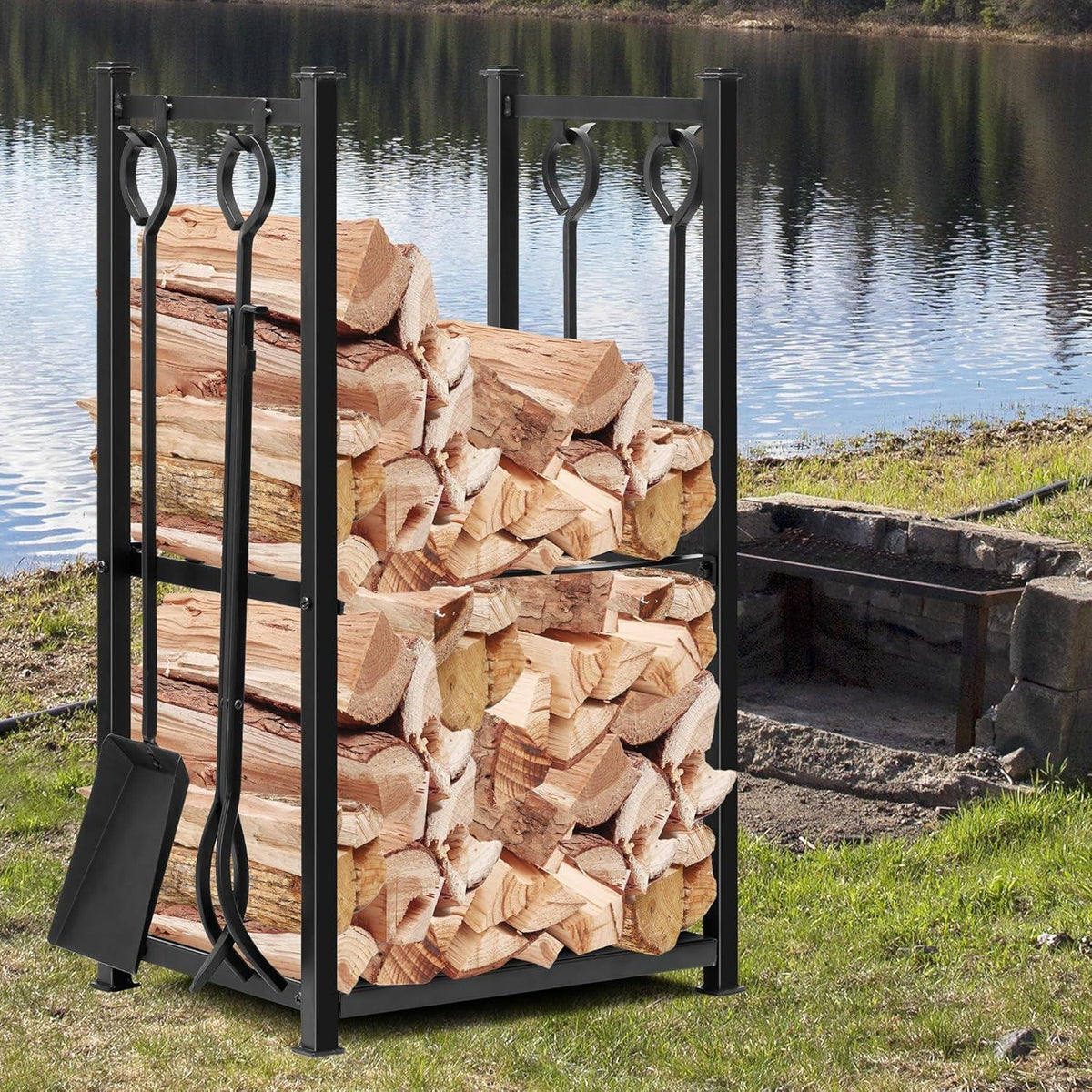 Kaminholzregal mit 4 Kaminwerkzeugen Innen & Außen 72x46x30cm Schwarz