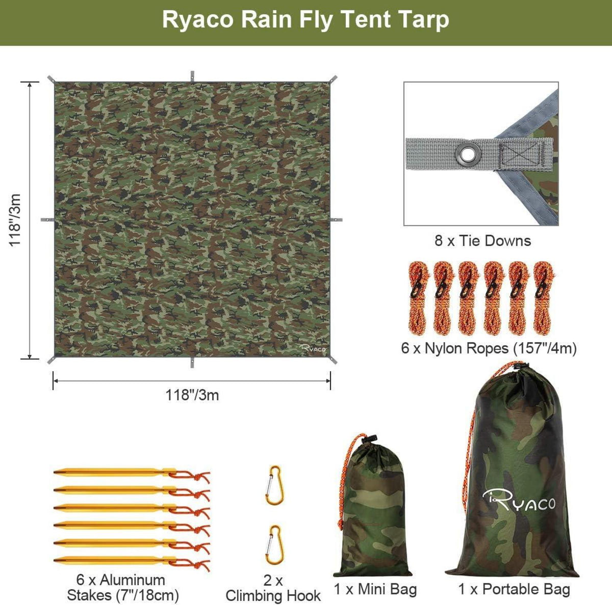 RYACO Tarp 3x3m Wasserdicht Zeltplane mit Ösen + 6 Erdnägeln + 6 Seilen
