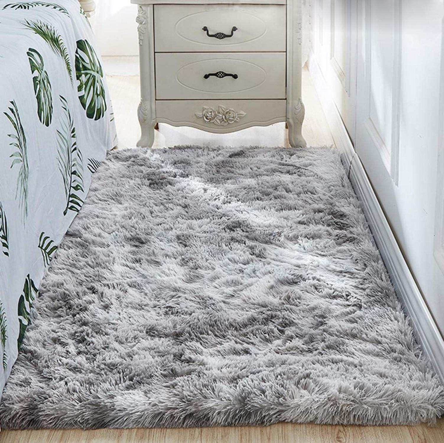Leesentec Weicher Shaggy Teppich 160x200cm Grau Weiß Anti-Rutsch Schlafzimmer-Wohnzimmerteppich