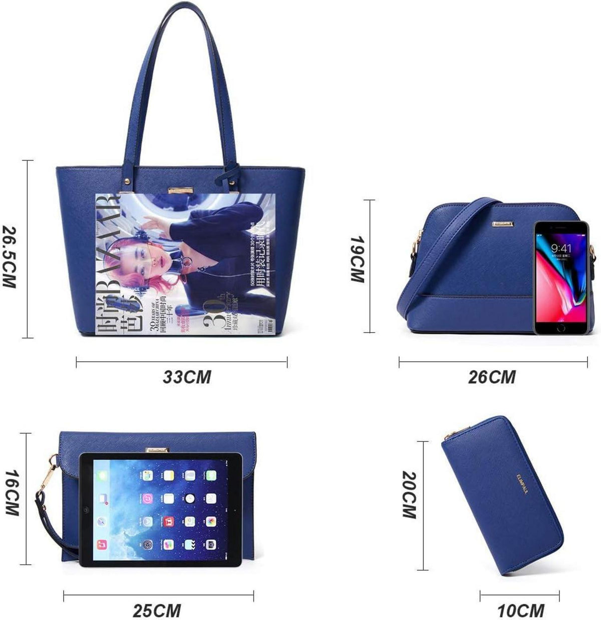 Damen Handtasche Tote Shopper Schultertasche Geldbörse 4-teiliges Set Blau