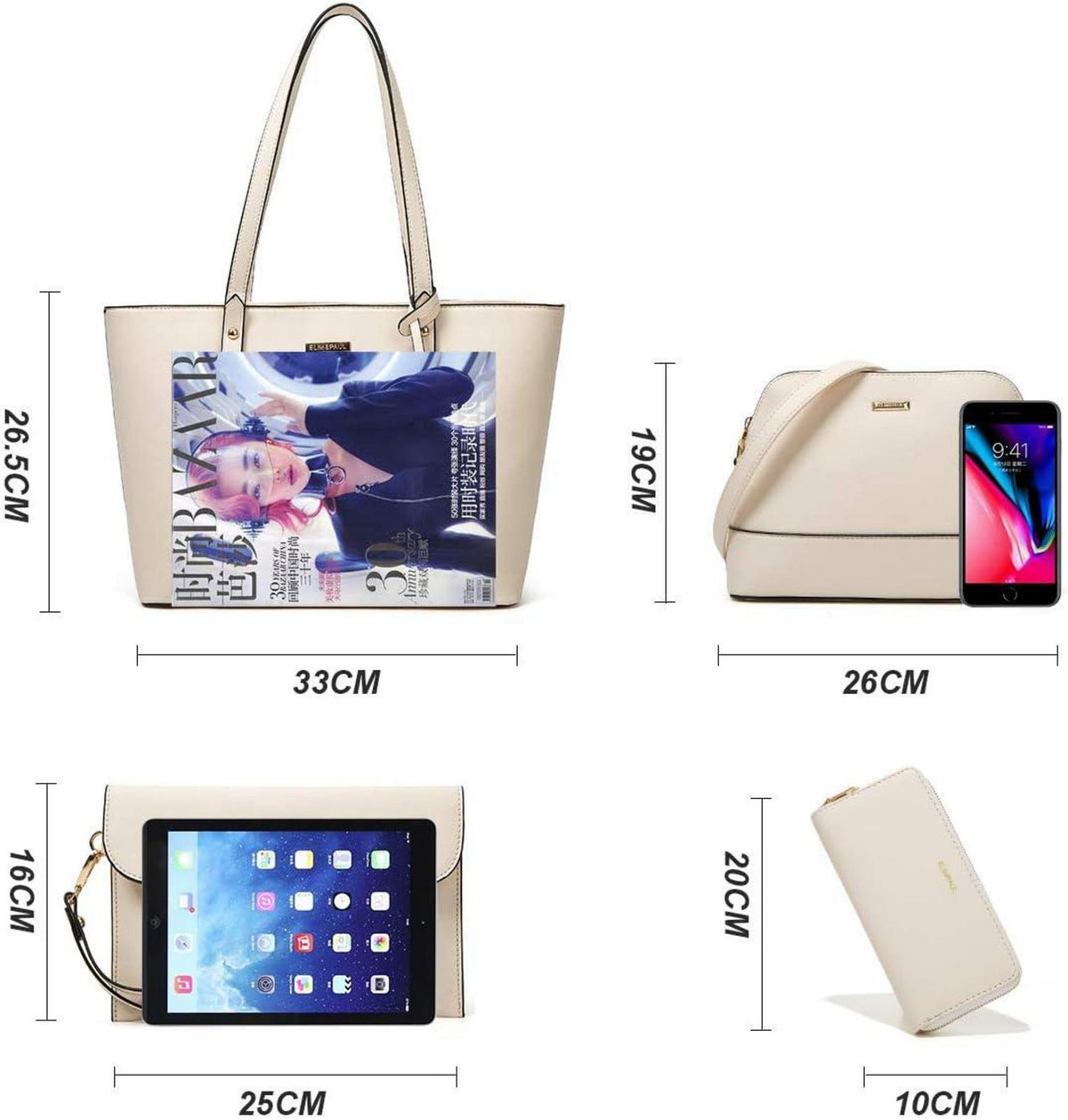 Große YTL Damen Handtasche Tote Schultertasche Geldbörse Set Beige