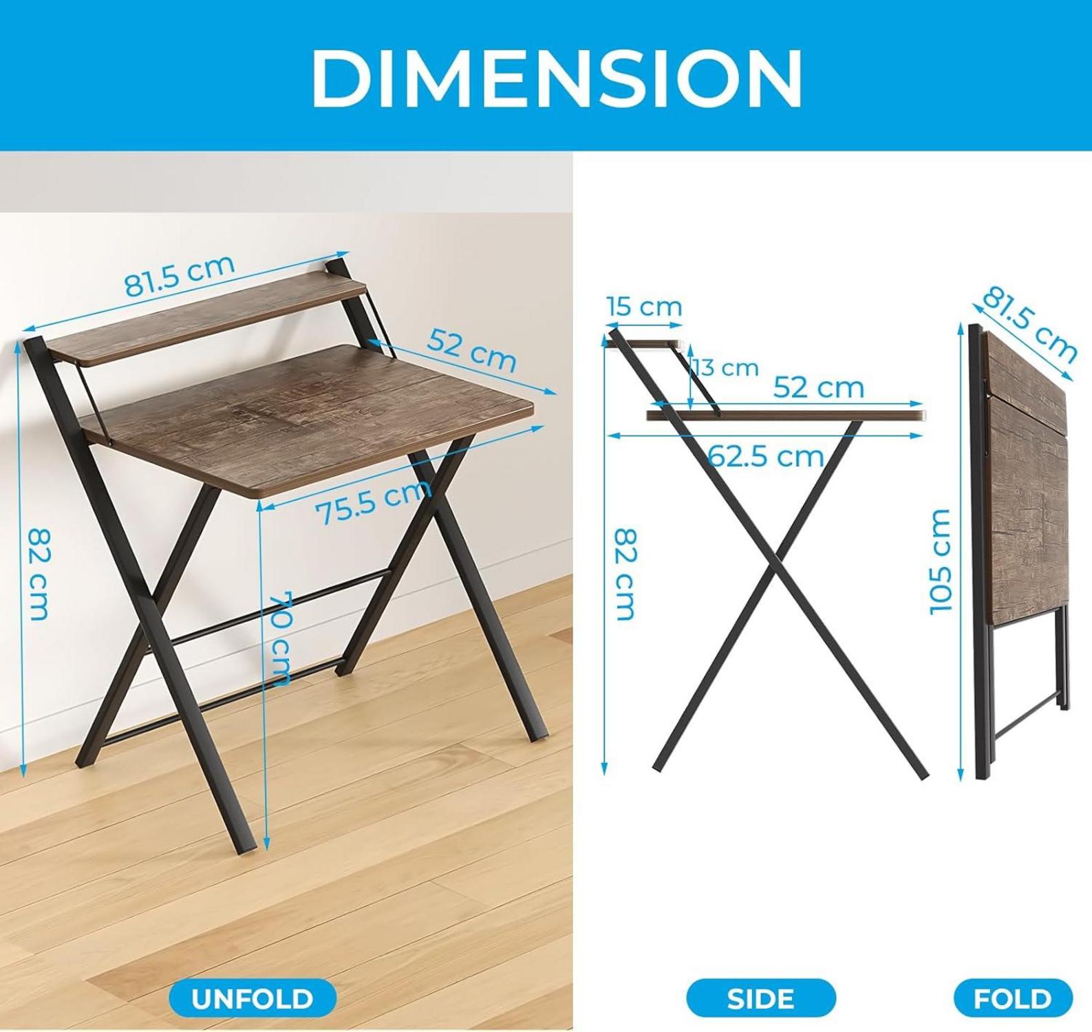 Klappbarer Schreibtisch mit Regal für kleine Räume, Dunkelbraun