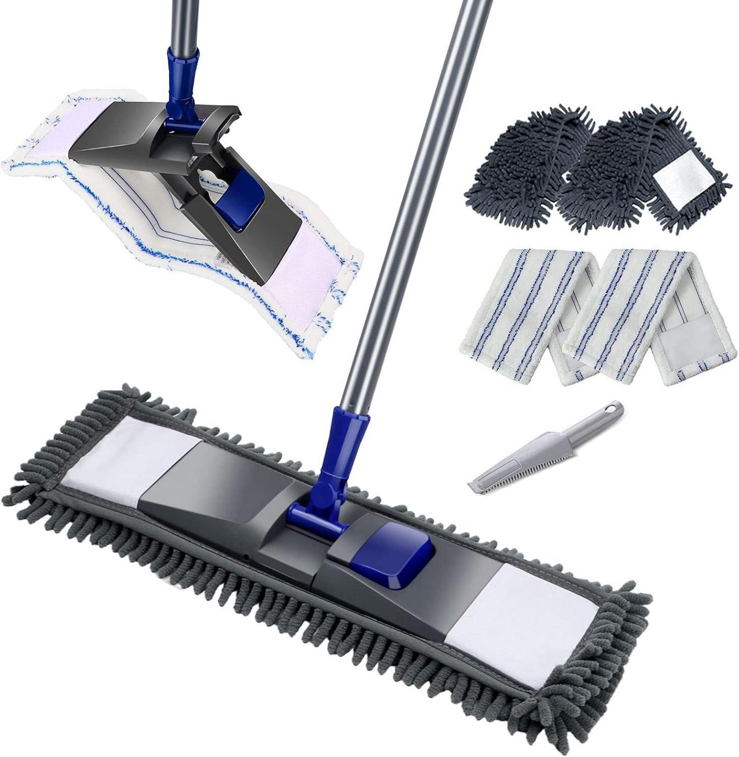 Flacher Bodenwischer Set mit Chenille Wischmopp & 4 Wischpads - Blau