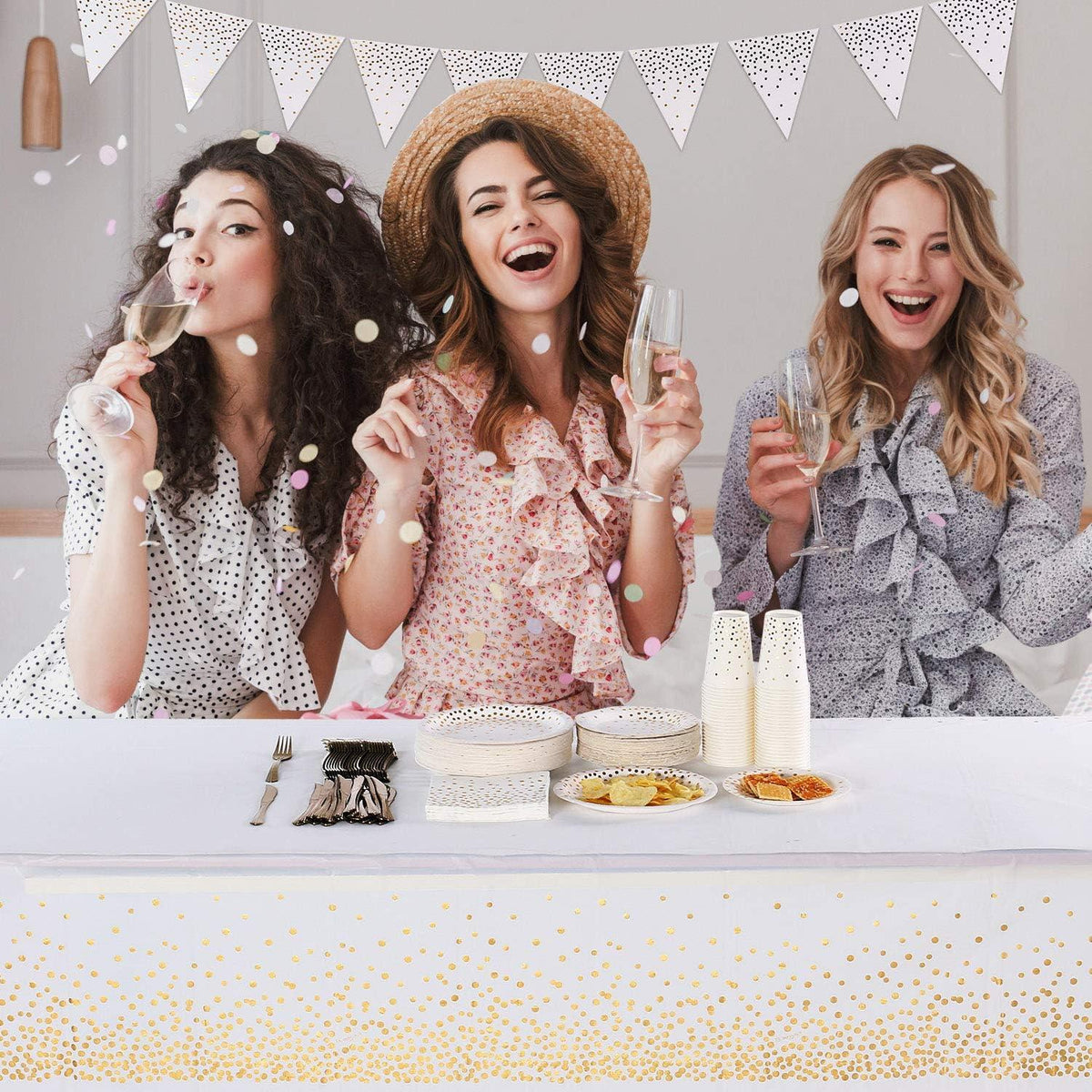 4er Set Weiß Gold Party Tischdecke 137x274 cm für rechteckige Tische, Gold Dot Confetti Design
