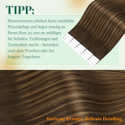 Echthaar Tape Extensions Ombre Braun 50cm