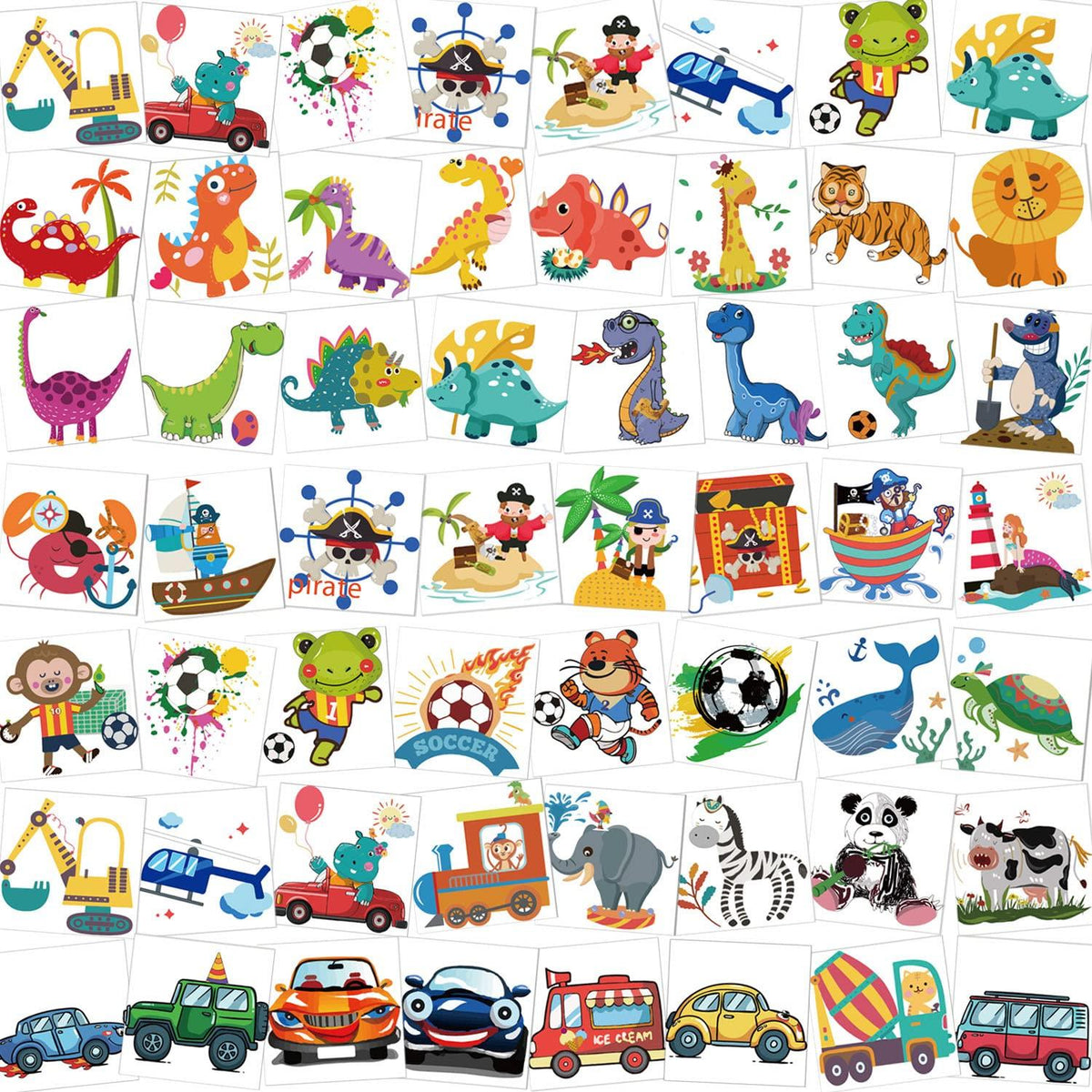 96-teiliges Kinder Tattoo Set mit Piraten, Fußball, Tieren, Fahrzeugen
