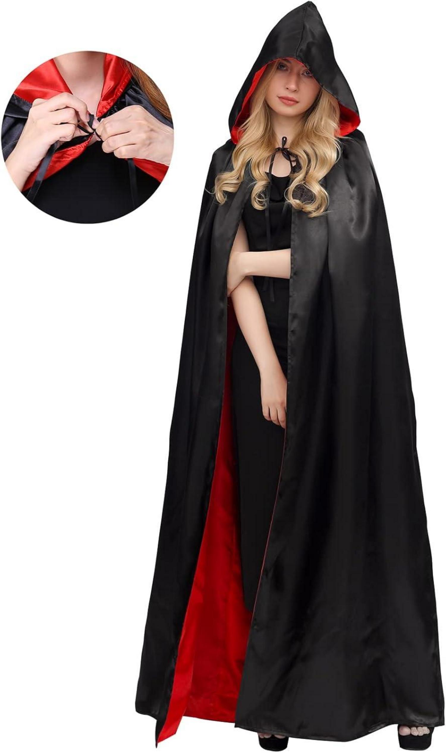 Umhang mit Kapuze Schwarz Rot Halloween Vampir Kostüm Erwachsene Kinder