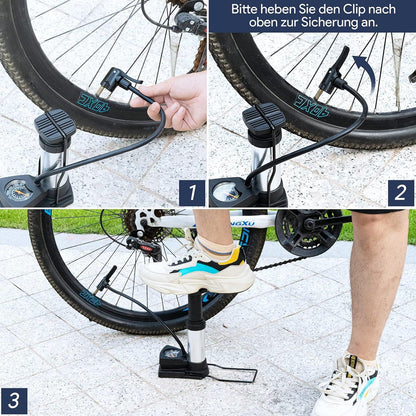 Lifelf Mini Fahrradpumpe mit Manometer 11bar/160PSI Dualkopf für alle Ventile - Silber