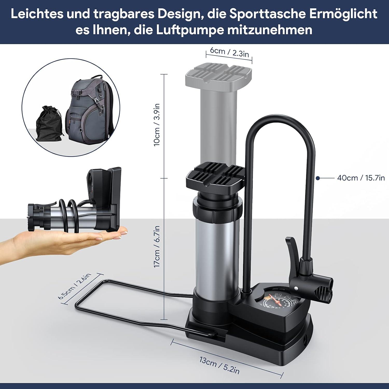 Fahrradpumpe mit Manometer Mini tragbar 11bar/160PSI Dualkopf für alle