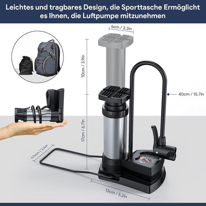 Fahrradpumpe mit Manometer Mini tragbar 11bar/160PSI Dualkopf für alle