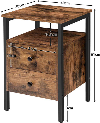 Nachttisch mit 2 Schubladen, Beistelltisch Vintage Look 40x40x61 cm