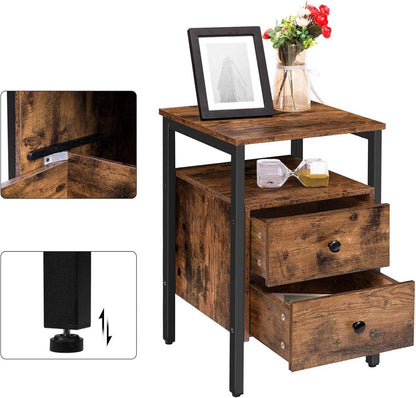 HOOBRO Nachttisch mit 2 Schubladen, Vintage Beistelltisch 40 x 40 x 61cm