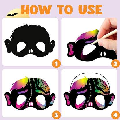 JOYIN 32-teiliges Halloween-Kratzmasken-Set 8 Designs Kunst Handwerk Süßes Saures Partyzubehör