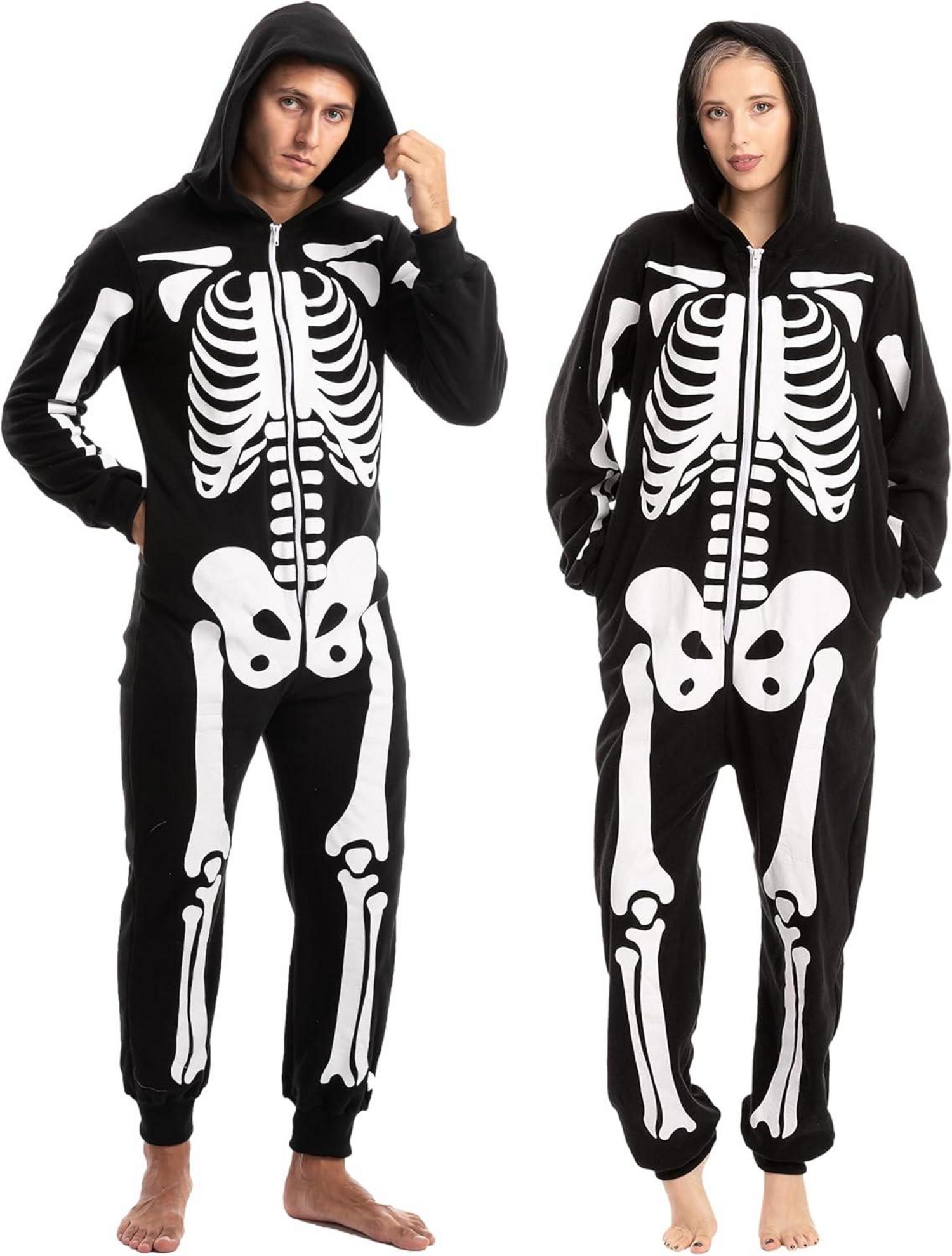 Halloween Skelett Onesie Pyjama Erwachsene Schwarz Plüsch Jumpsuit