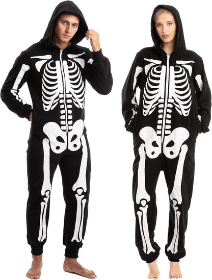 Halloween Skelett Onesie Pyjama Erwachsene Schwarz Plüsch Jumpsuit