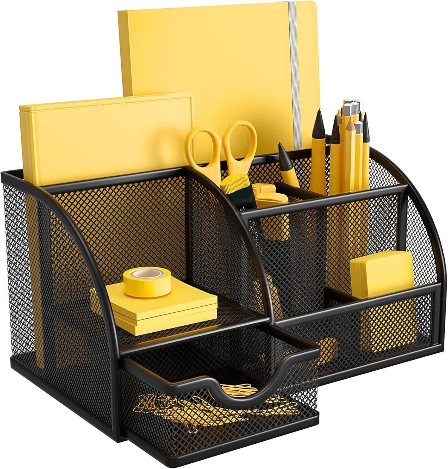 Schreibtisch Organizer Metall mit Schublade Stifthalter Schwarz