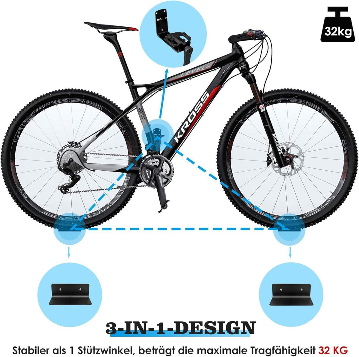 Fahrrad Wandhalterung 3-in-1 für MTB, E-Bikes, Rennrad - Schwarz