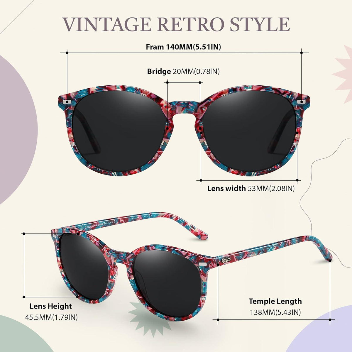 DUCO Retro Polarisierte Damen Sonnenbrille UV400 Vintage