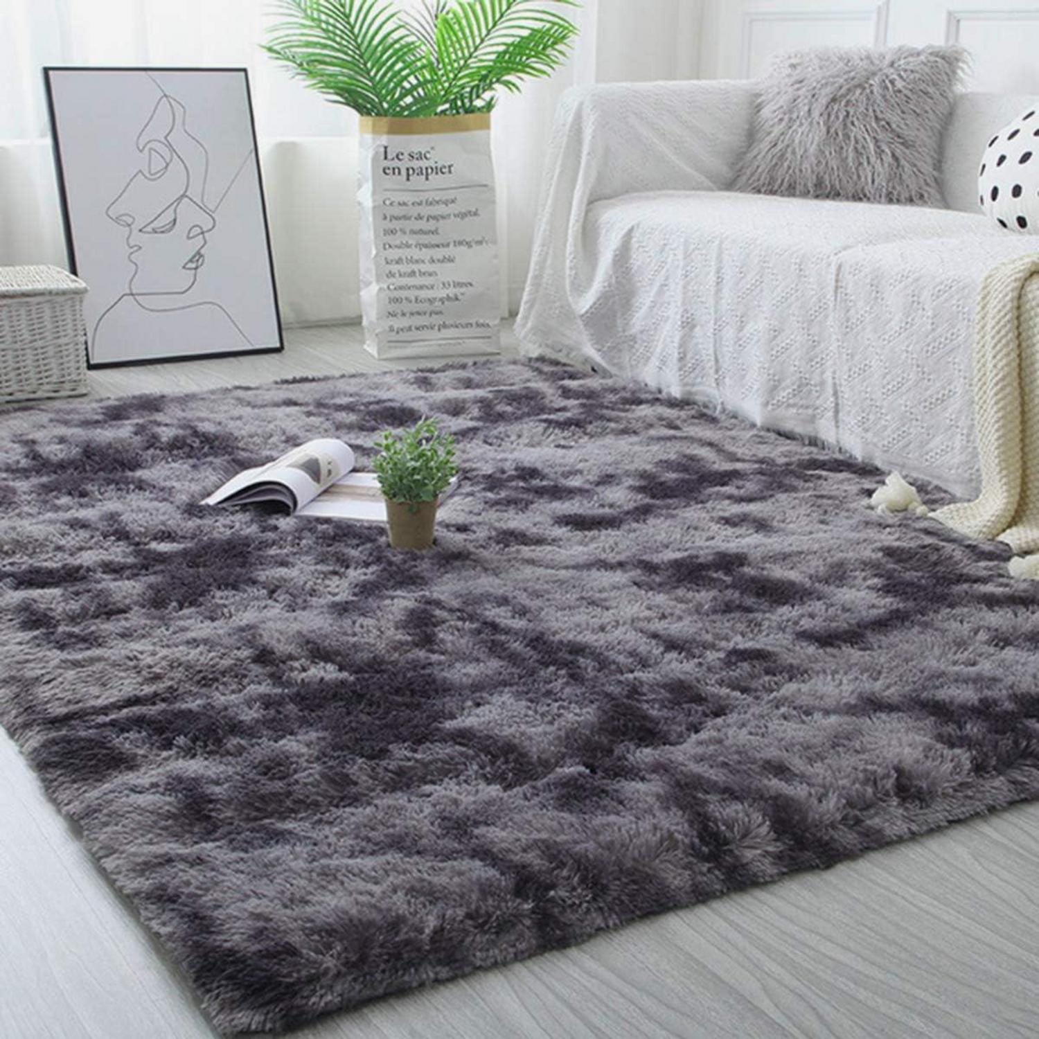 Weicher Großer Schlafzimmerteppich Anti-Rutsch Shaggy Teppich Schwarz Grau 120x200cm