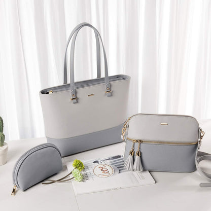 Große Damen Handtasche Set aus synthetischem Leder - Schwarz