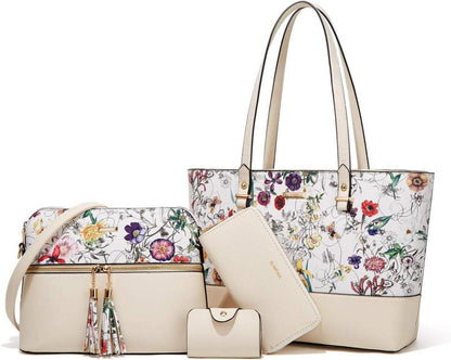 Damen Handtasche Tote Shopper Umhängetasche 4-teiliges Set Beigefl