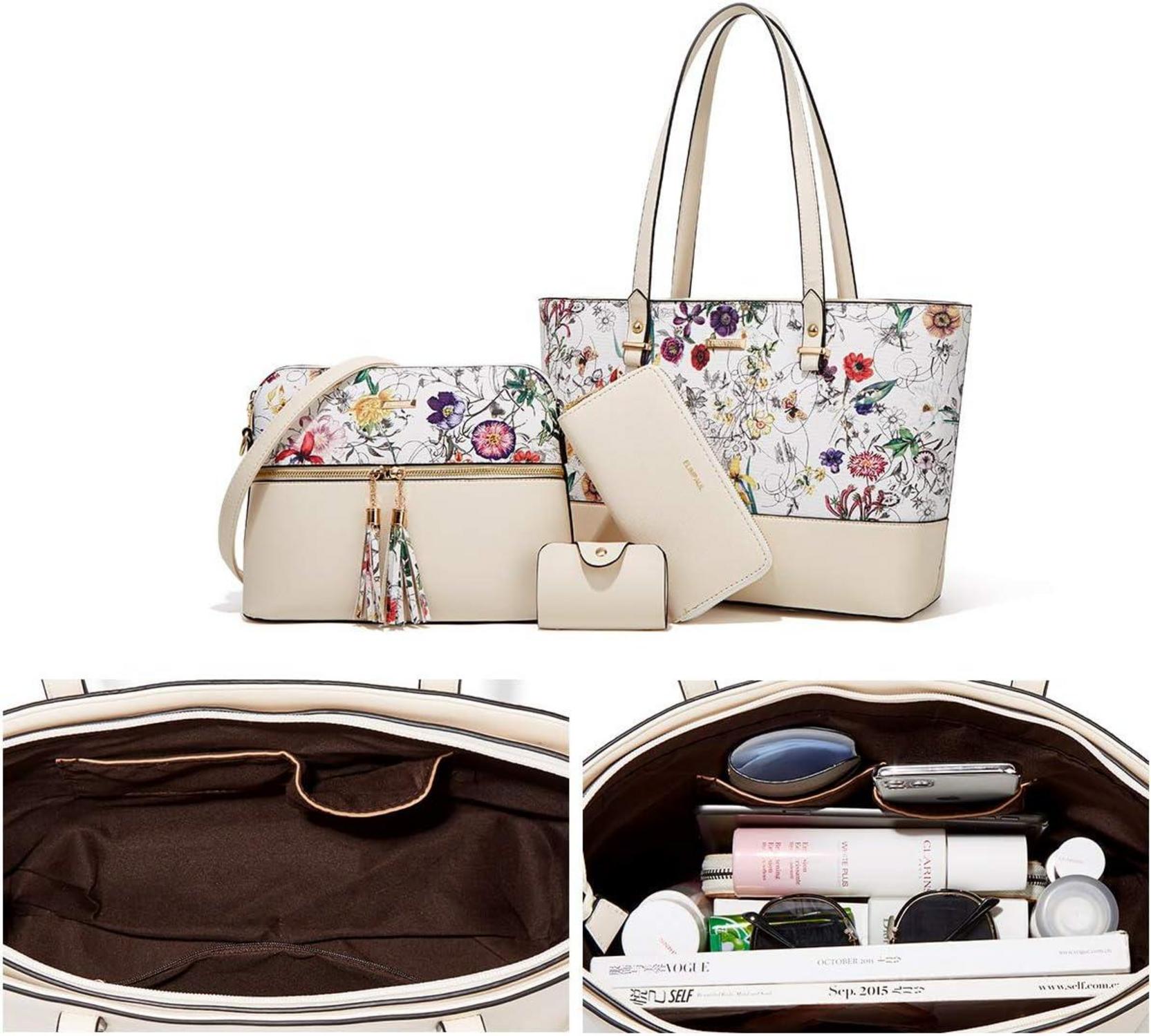 Damen Handtasche Tote Shopper Umhängetasche 4-teiliges Set Beigefl