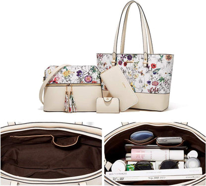Damen Handtasche Tote Shopper Umhängetasche 4-teiliges Set Beigefl