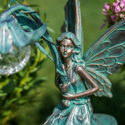 Gartendeko Elfen Solar Fairy Bronze 35cm Statue Glaskugeln