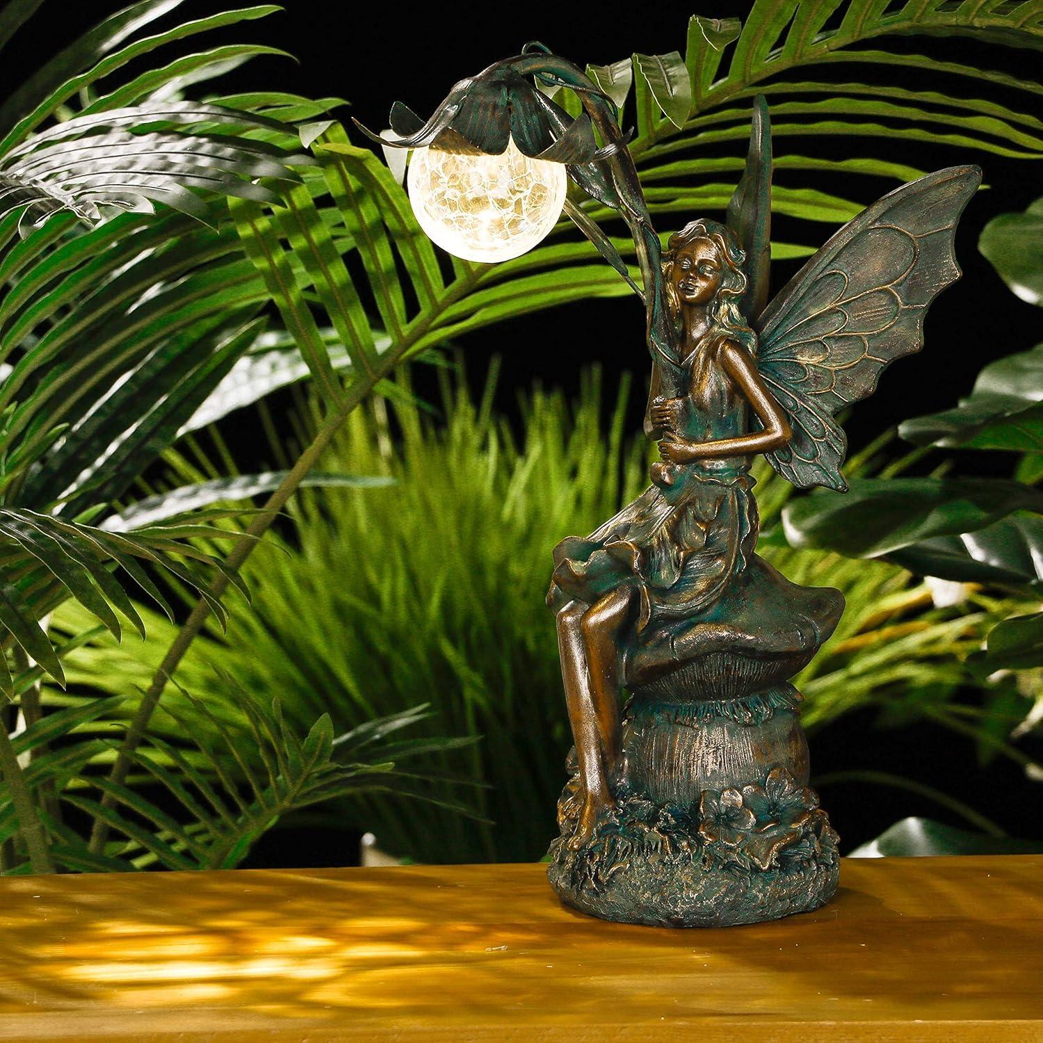 Sitzende Elfen Solar Gartenfigur 35cm Bronze Fairy Statue